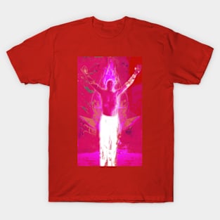 Portrait, digital collage and special processing. Shirtless man, stands. All chakras opened. Mystic. Bright, strong pink. T-Shirt